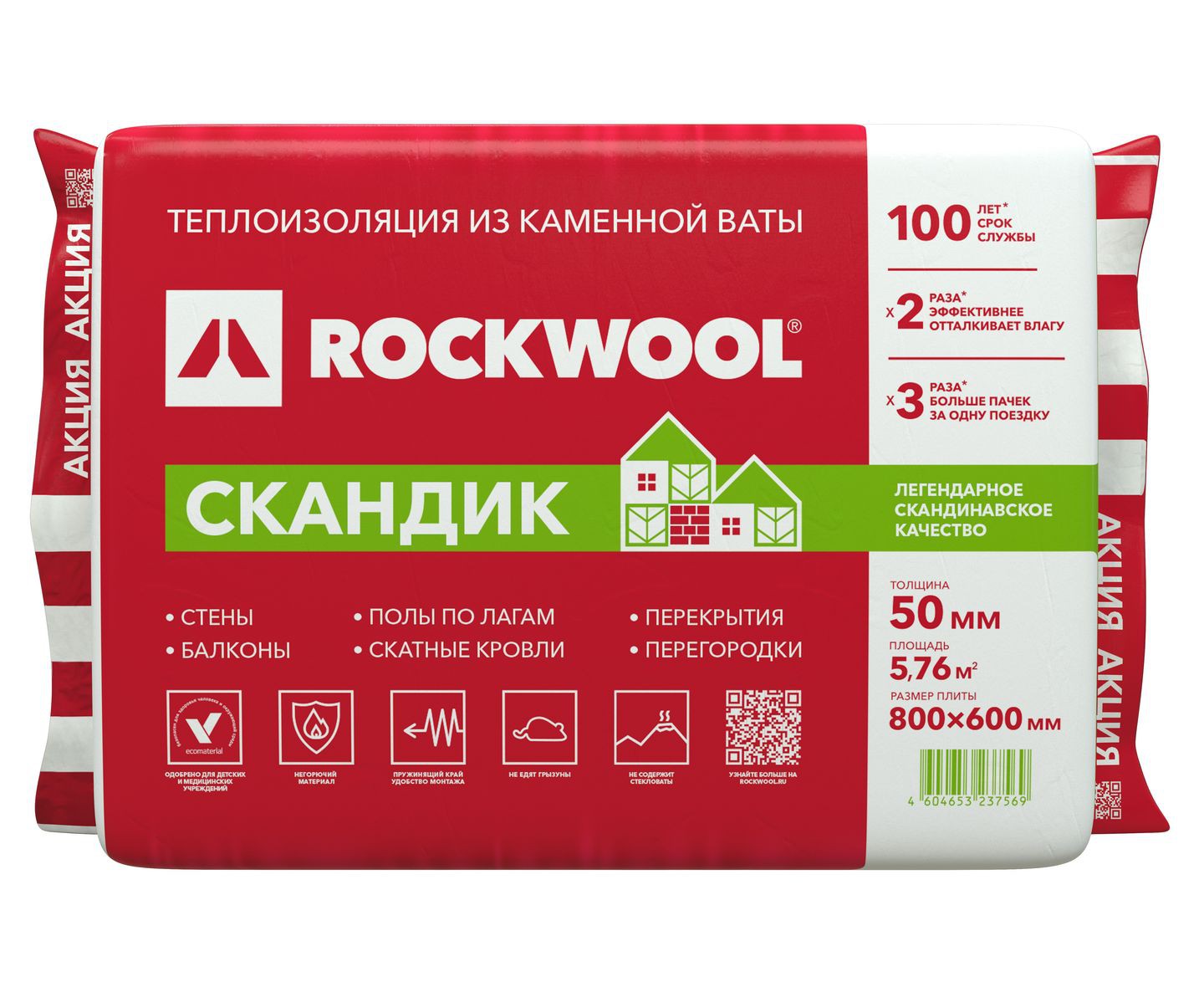 Утеплитель RockWool Лайт Баттс Скандик 800х600х50 (0,288м3)