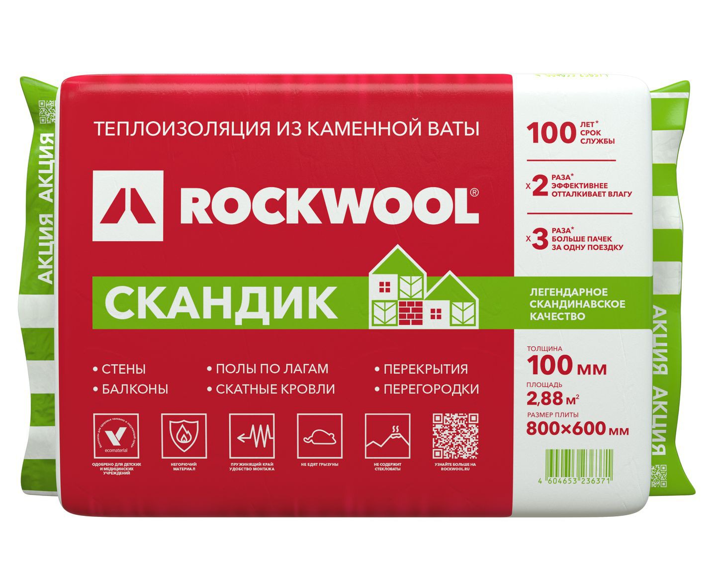 Утеплитель RockWool Лайт Баттс Скандик 800х600х100 (0,288м3)